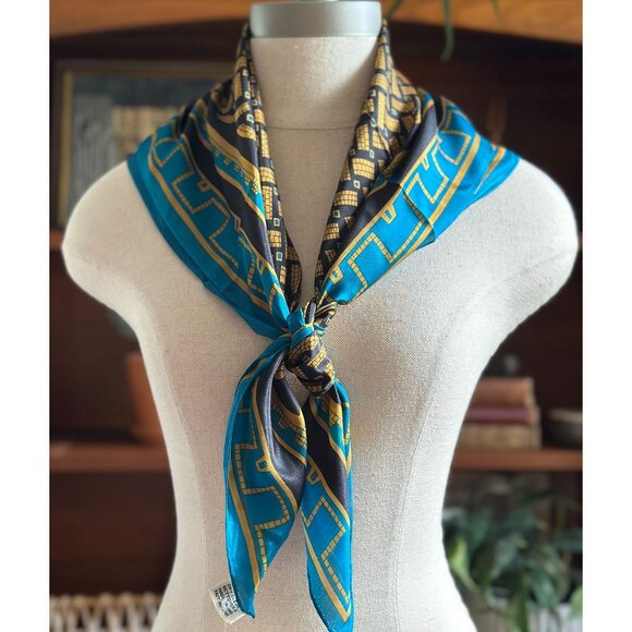 Vintage Vera Neumann Geometric Silk Scarf in Turquoise, Black & Gold New Old Sto - Picture 1 of 13